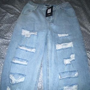 Never Letting Go Distressed Boyfriend Jeans - Light Blue Wash